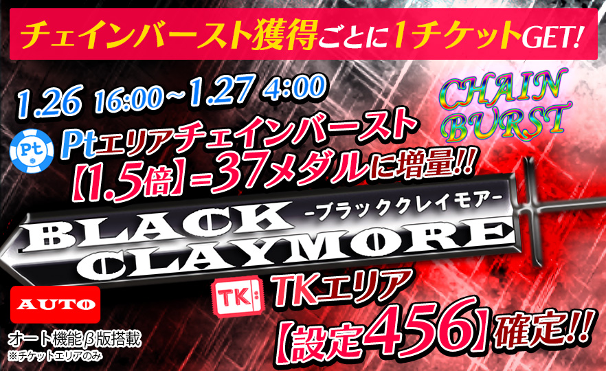 【激震】BクレイモアＷイベント開催！PtエリアCB【1.5倍】Tk【設定４５６】！